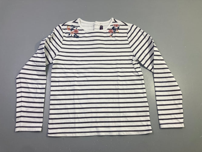 T-shirt m.l rayé blanc marine fleurs brodées, moins cher chez Petit Kiwi
