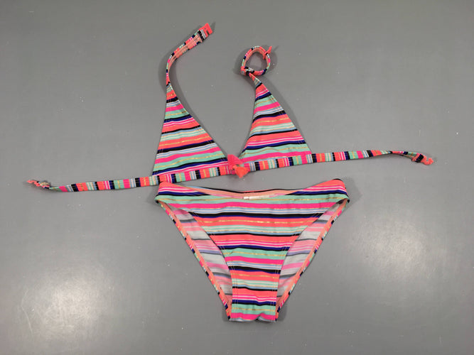 Bikini rayé rose bleu noir, moins cher chez Petit Kiwi