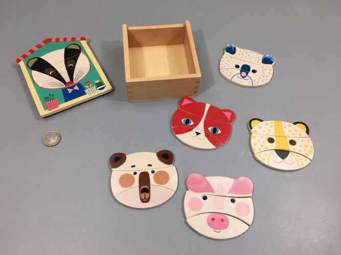 Boîte à puzzle têtes d'animaux en bois 18pcs +2a Complet, moins cher chez Petit Kiwi