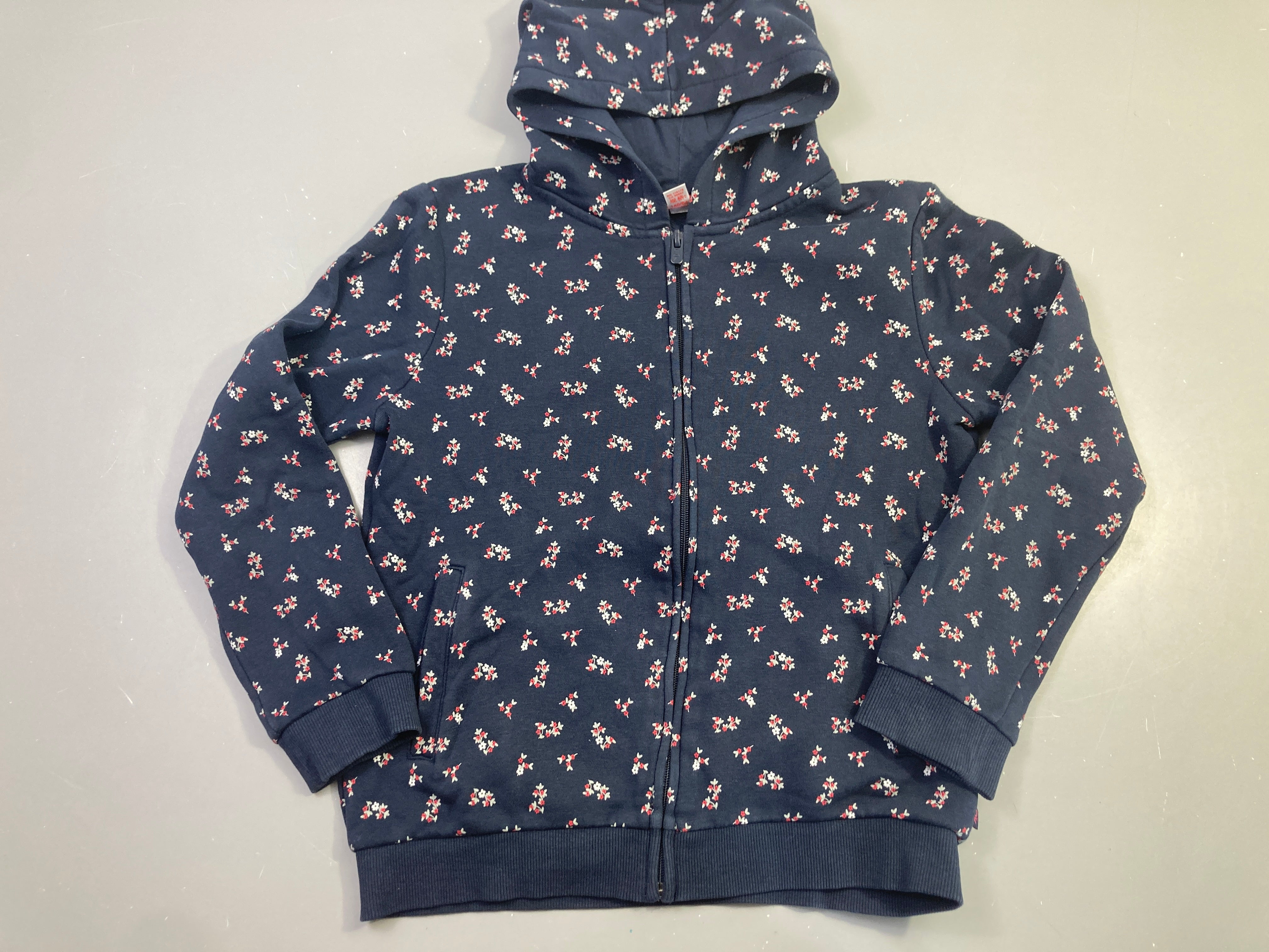 Sweat zippée capuche bleu marine fleurs