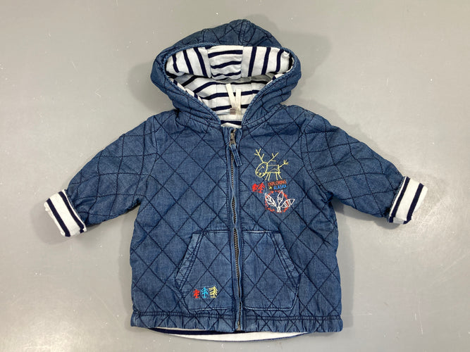 Veste matelassée mi-saison doublée jersey bleue renne à capuche, moins cher chez Petit Kiwi