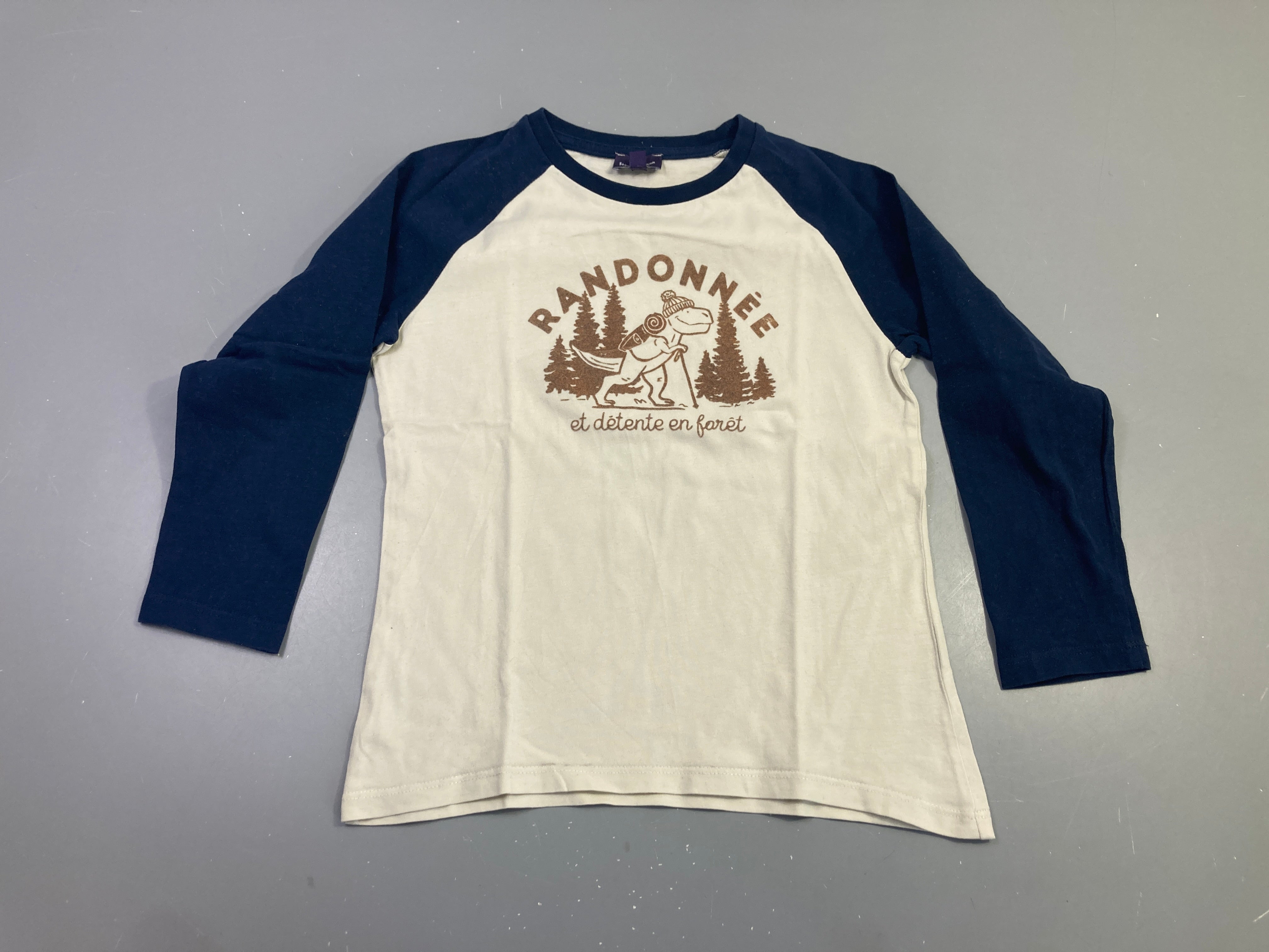 T-shirt m.l écru bicolore bleu marine, dinosaure randonnée
