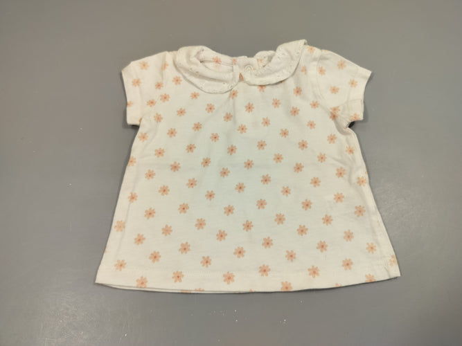 T-shirt m.c blanc fleurs roses, col dentelle 100% coton, moins cher chez Petit Kiwi