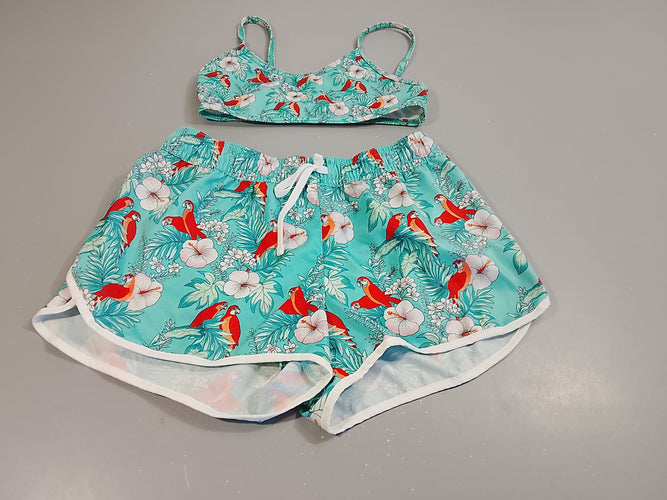 Ensemble maillot 2 pcs  short + brassière turquoise motifs perroquets rouges et fleurs blanches,Pas de taille indiquée, estimée  11-12a, moins cher chez Petit Kiwi