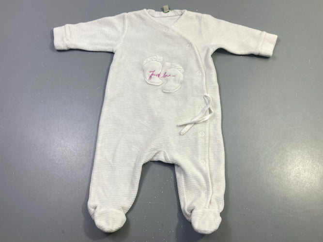 Pyjama côtelé écru pieds brodés, First Born, moins cher chez Petit Kiwi