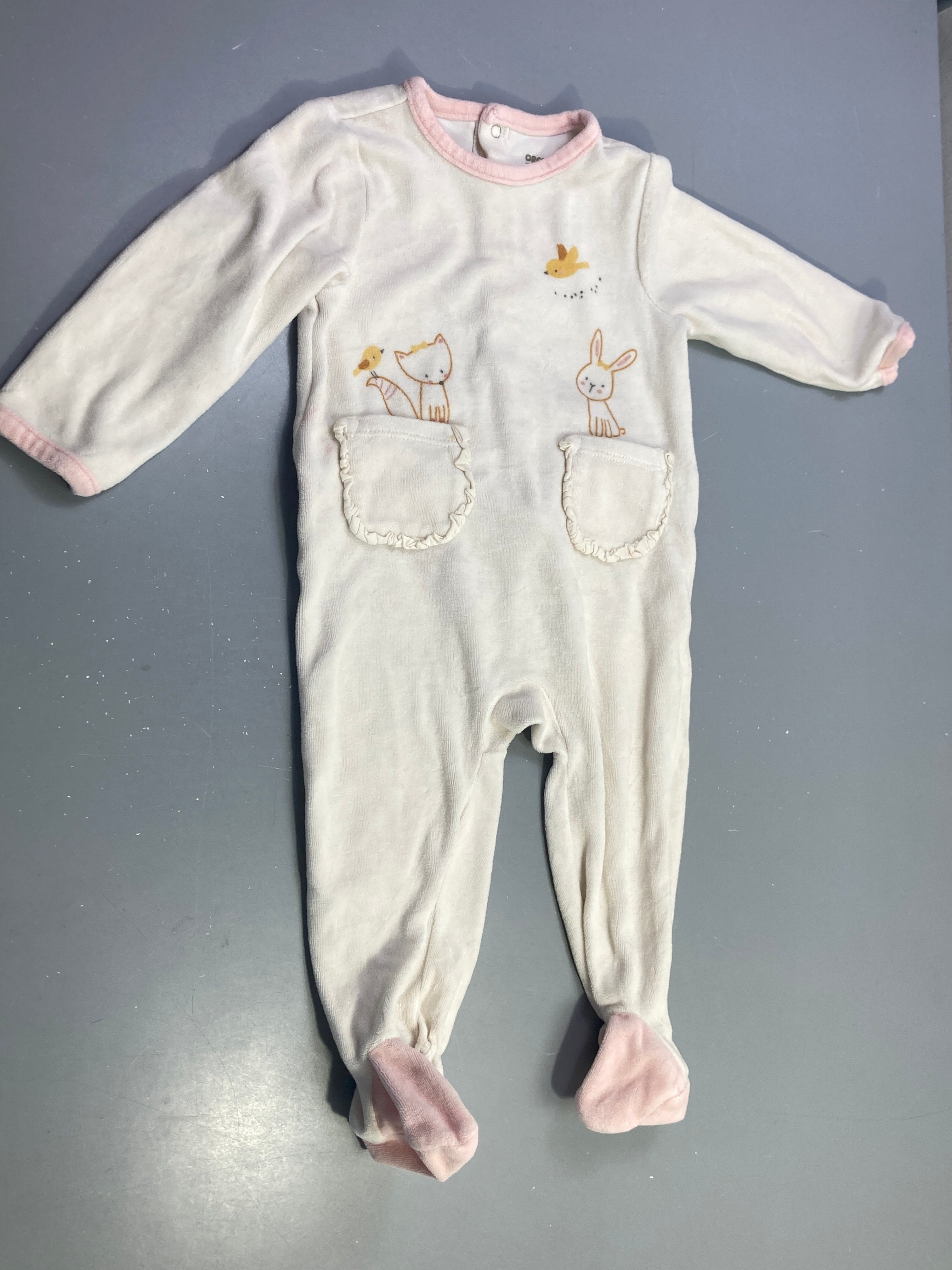 Pyjama velours rose clair renard lapin oiseau, poches