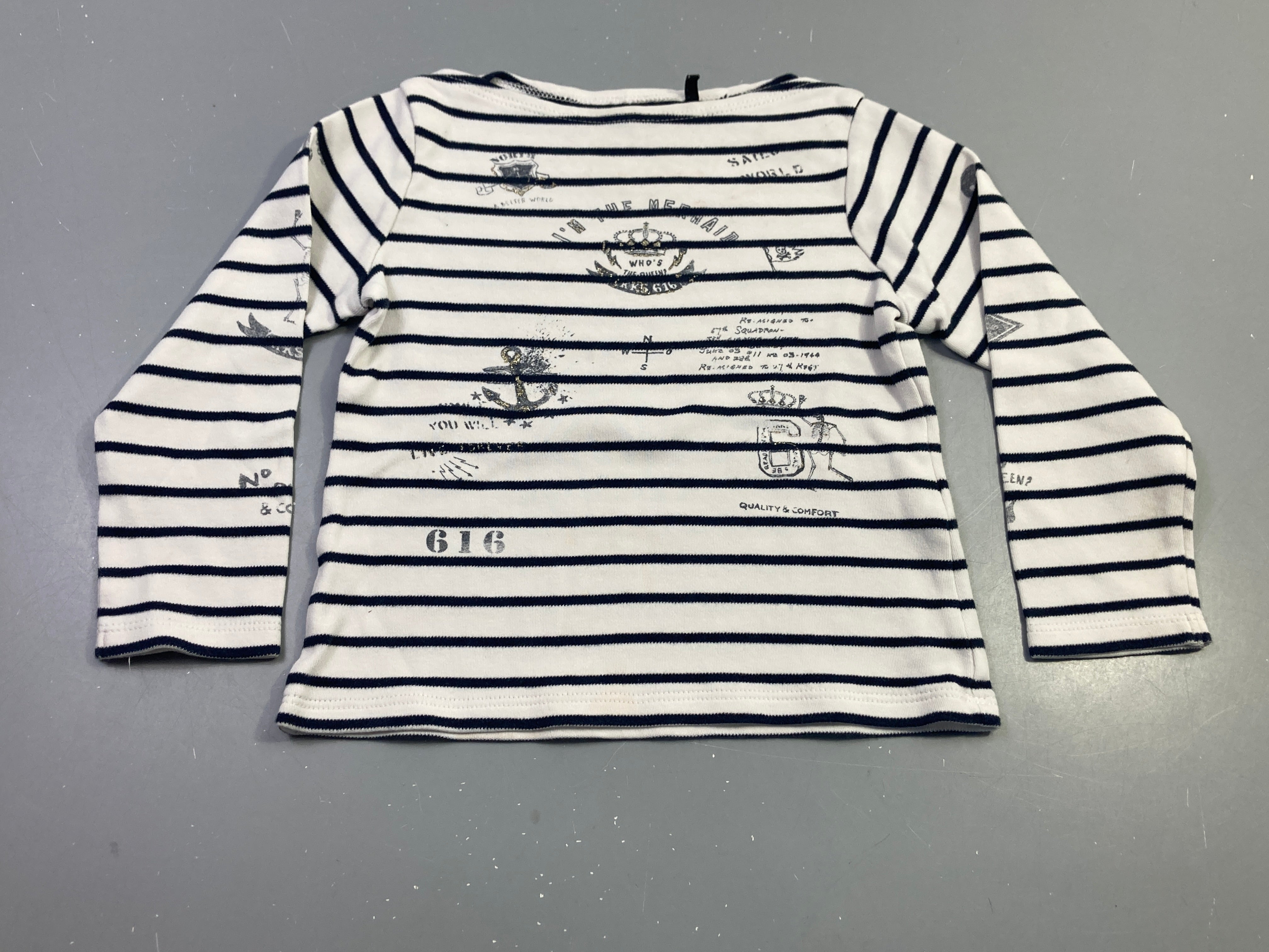 T-shirt épais m.l blanc rayé marine imprimés