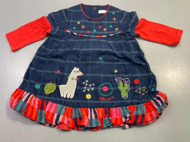 Robe m.l bleu marine à carreaux lama brodé, moins cher chez Petit Kiwi
