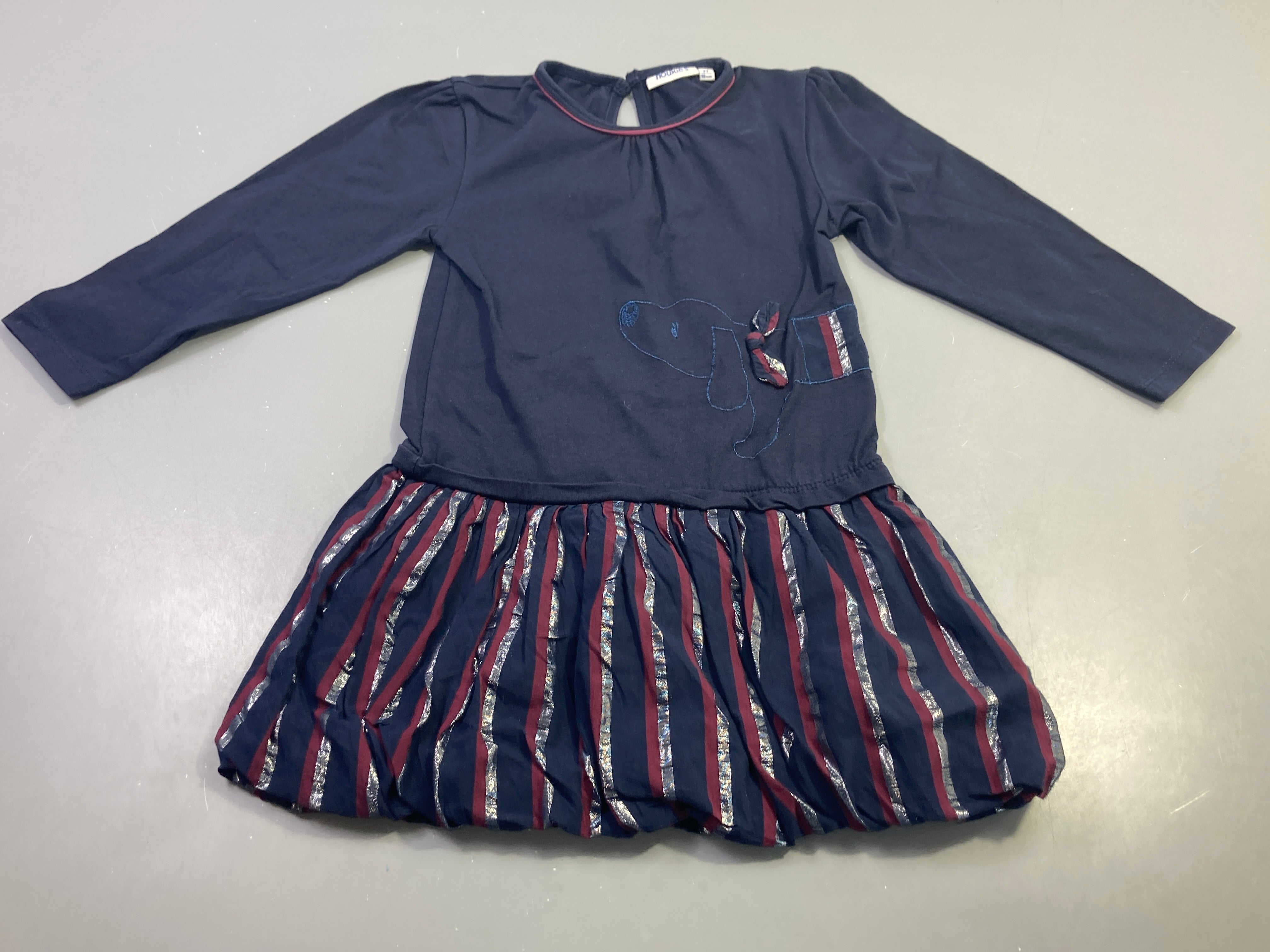 Robe m.l bleu marine chien brodé rayures argent