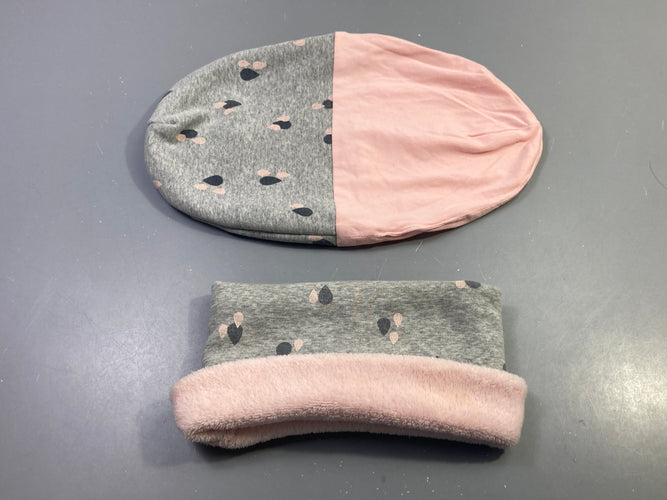 Bonnet et snood gris pois rose molleton doublé polar, moins cher chez Petit Kiwi