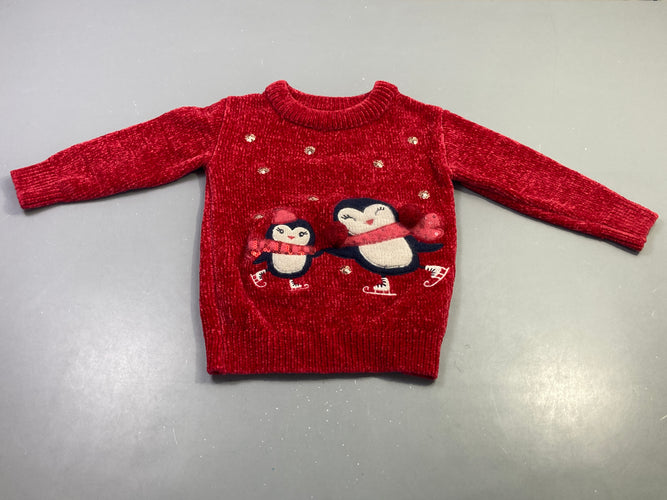 Pull rouge pingouins chenille sequins pompons, moins cher chez Petit Kiwi