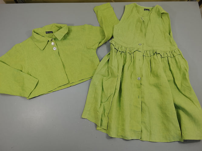 Ensemble Kid House Robe m.c  lin vert chiné jaune + verte courte assortie, moins cher chez Petit Kiwi