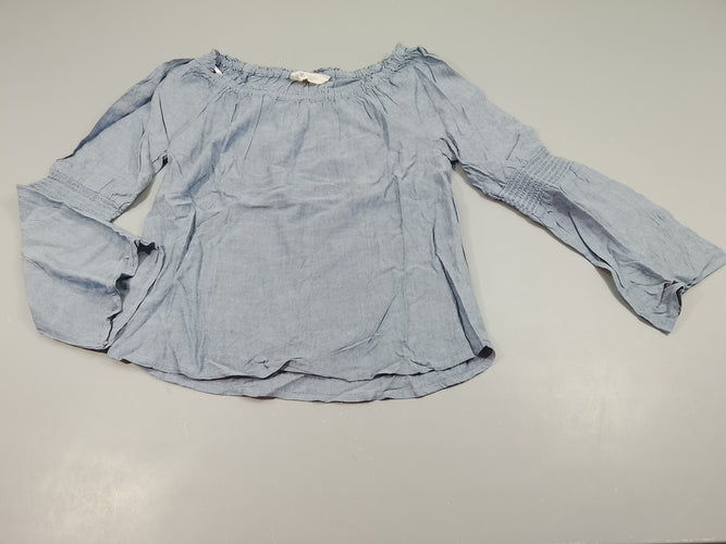 Blouse ml  bleu denim, bas des manche évasé, col élastique, moins cher chez Petit Kiwi