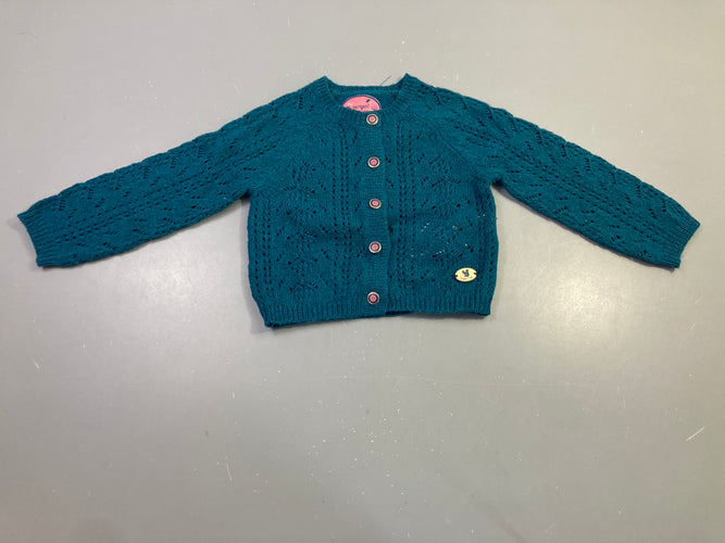 Gilet bleu canard tricot ajouré, 12% laine, Sergent Major, moins cher chez Petit Kiwi