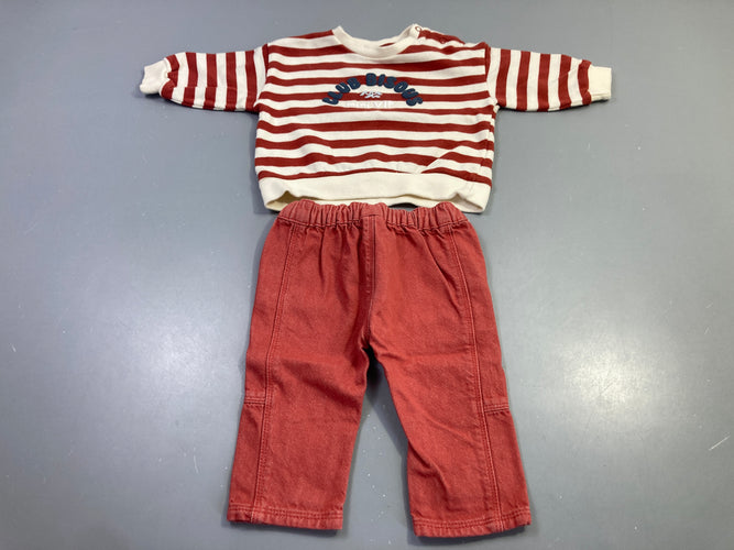 Ensemble 2pcs terracotta rayé club bisous, sweat + jean, moins cher chez Petit Kiwi