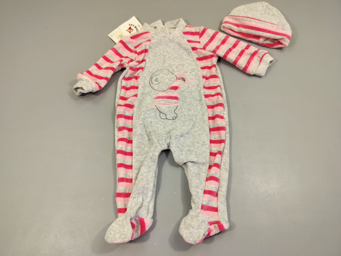 NEUF Pyjama velours  Atchoum gris flammé rayé rose , ourson avec doudou + bonnet assorti  100% coton, moins cher chez Petit Kiwi