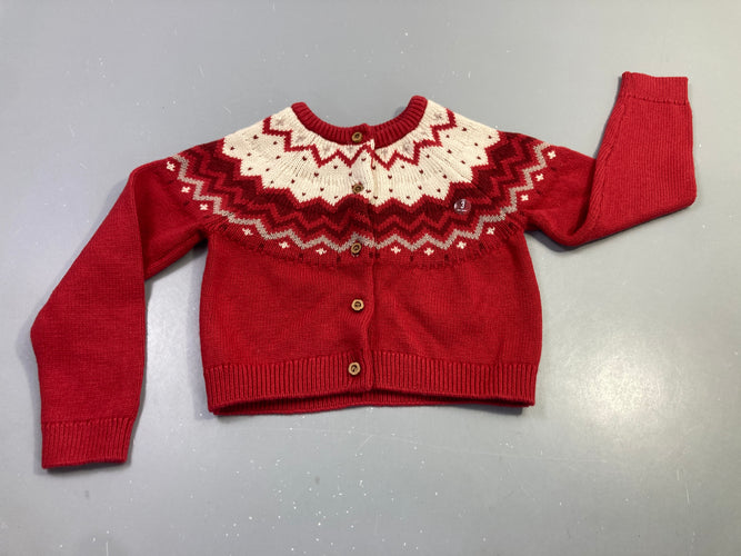Gilet rouge jacquard motif nordique, état neuf, moins cher chez Petit Kiwi