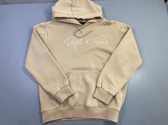 Sweat capuche beige imprimé, Project x Paris, tache sur la manche et un peu bouloché, moins cher chez Petit Kiwi