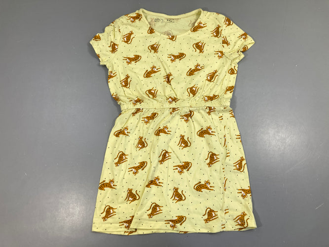 Robe m.c jersey jaune félins pois, légèrement bouloché, moins cher chez Petit Kiwi