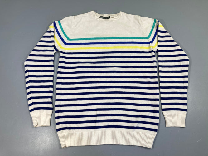 Pull blanc rayé jaune-bleu, moins cher chez Petit Kiwi
