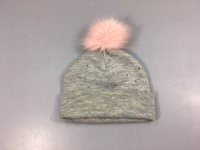 Bonnet gris chiné strass pompom rose, moins cher chez Petit Kiwi