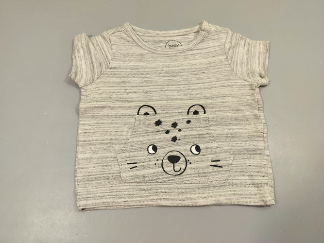 T-shirt m.c  (matière polo) rayé gris et blanc flammé, , poche léopard 95% coton 5% polyester, moins cher chez Petit Kiwi