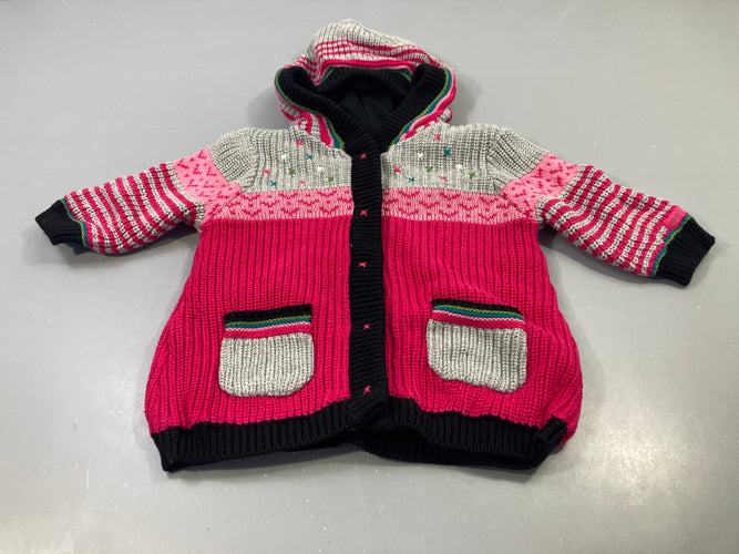 Gilet veste capuche rose/gris/noir, poches grises doublé polar, moins cher chez Petit Kiwi
