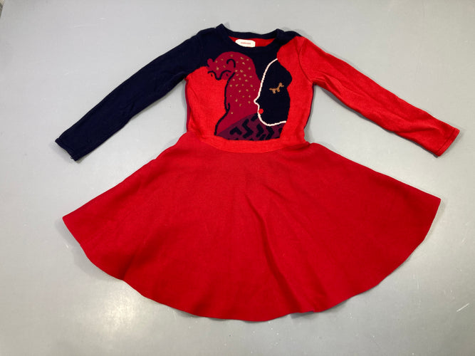 Robe m.l rouge/marine, motif renard tricoté doré, moins cher chez Petit Kiwi