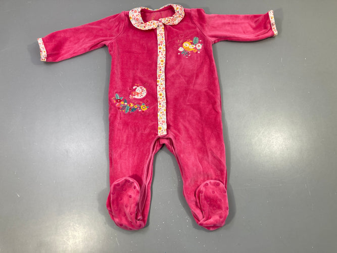 Pyjama velours fuchsia fleuri, brodé oiseaux, moins cher chez Petit Kiwi