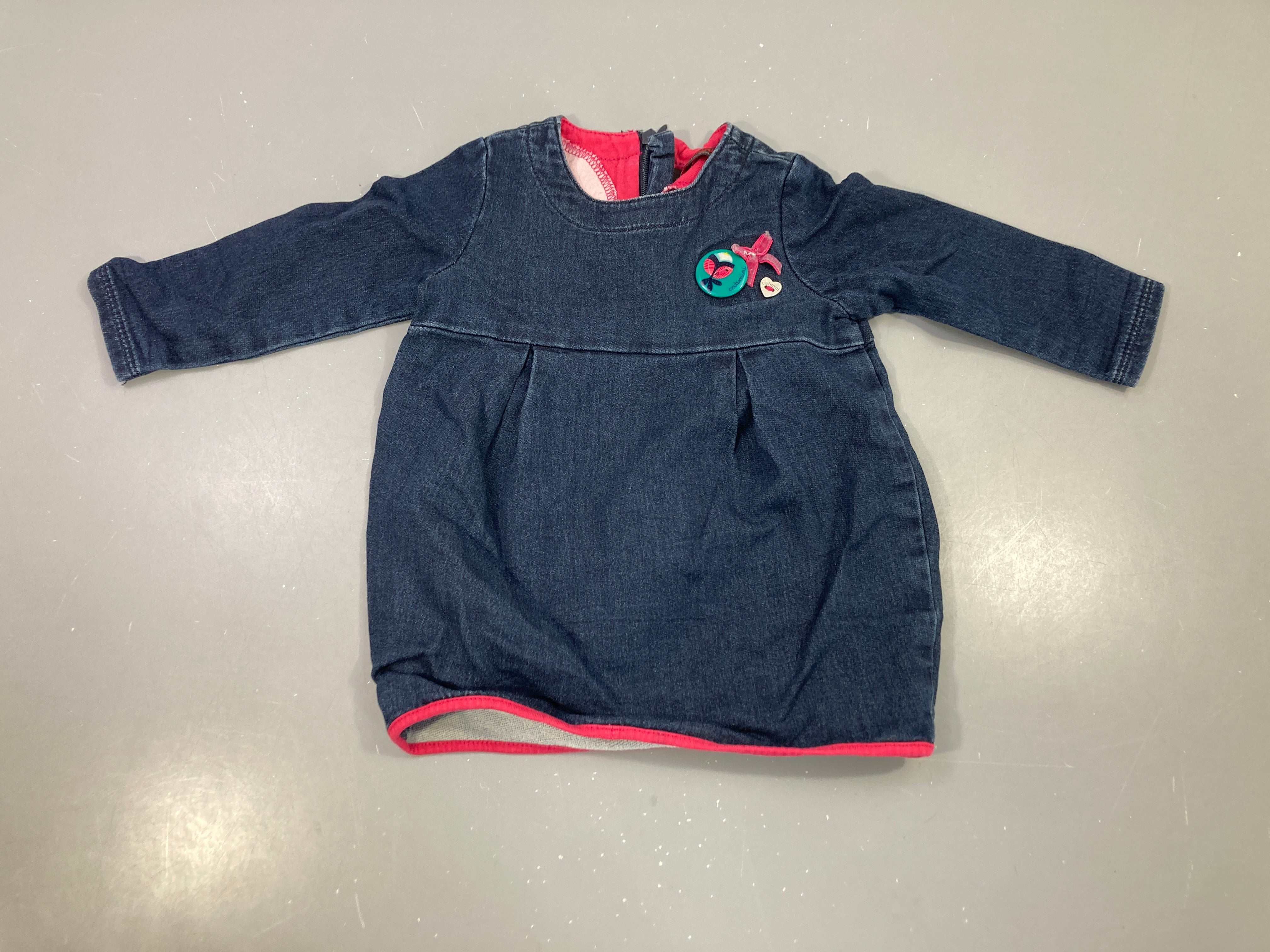 Robe m.l denim bleu badge oiseau noeud rose