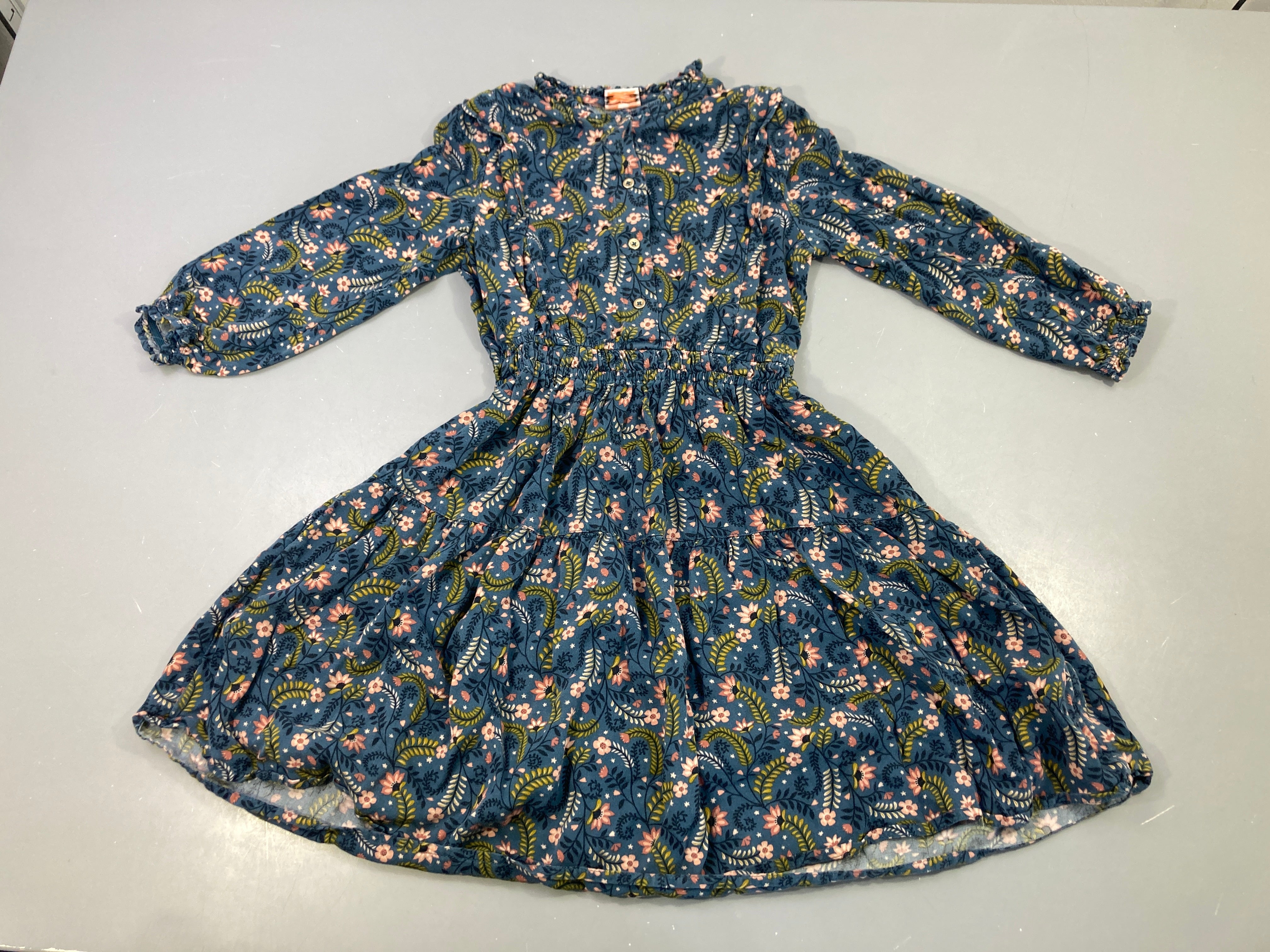 Robe m.l bleue fleurie manches froncées