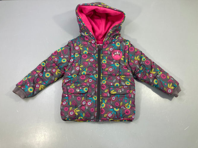 Veste zippée doudoune grise imprimé fleurs capuche rose, doublé polar, moins cher chez Petit Kiwi