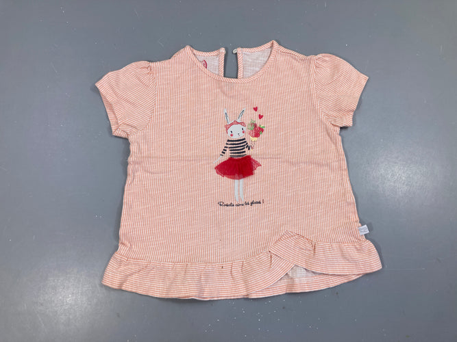 T-shirt m.c blanc ligné rose lapin tulle, légèrement bouloché, moins cher chez Petit Kiwi