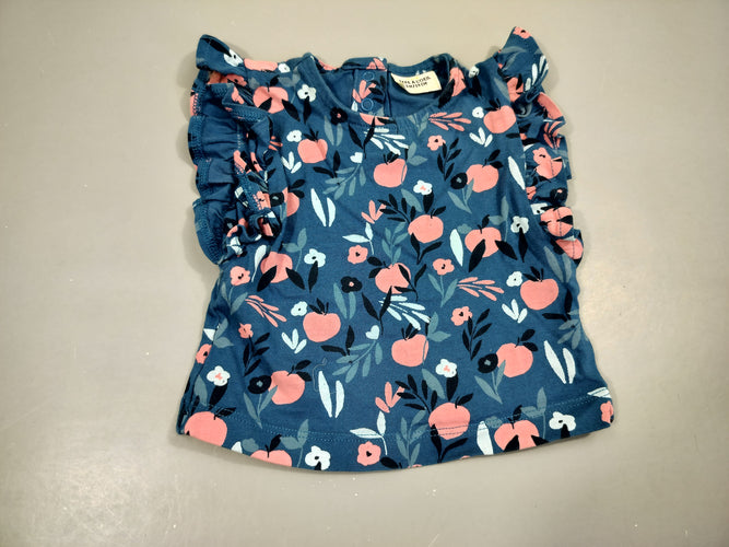T-shirt m.c bleu, pommes roses , fleurs roses, bleues, volants sur le côté, moins cher chez Petit Kiwi