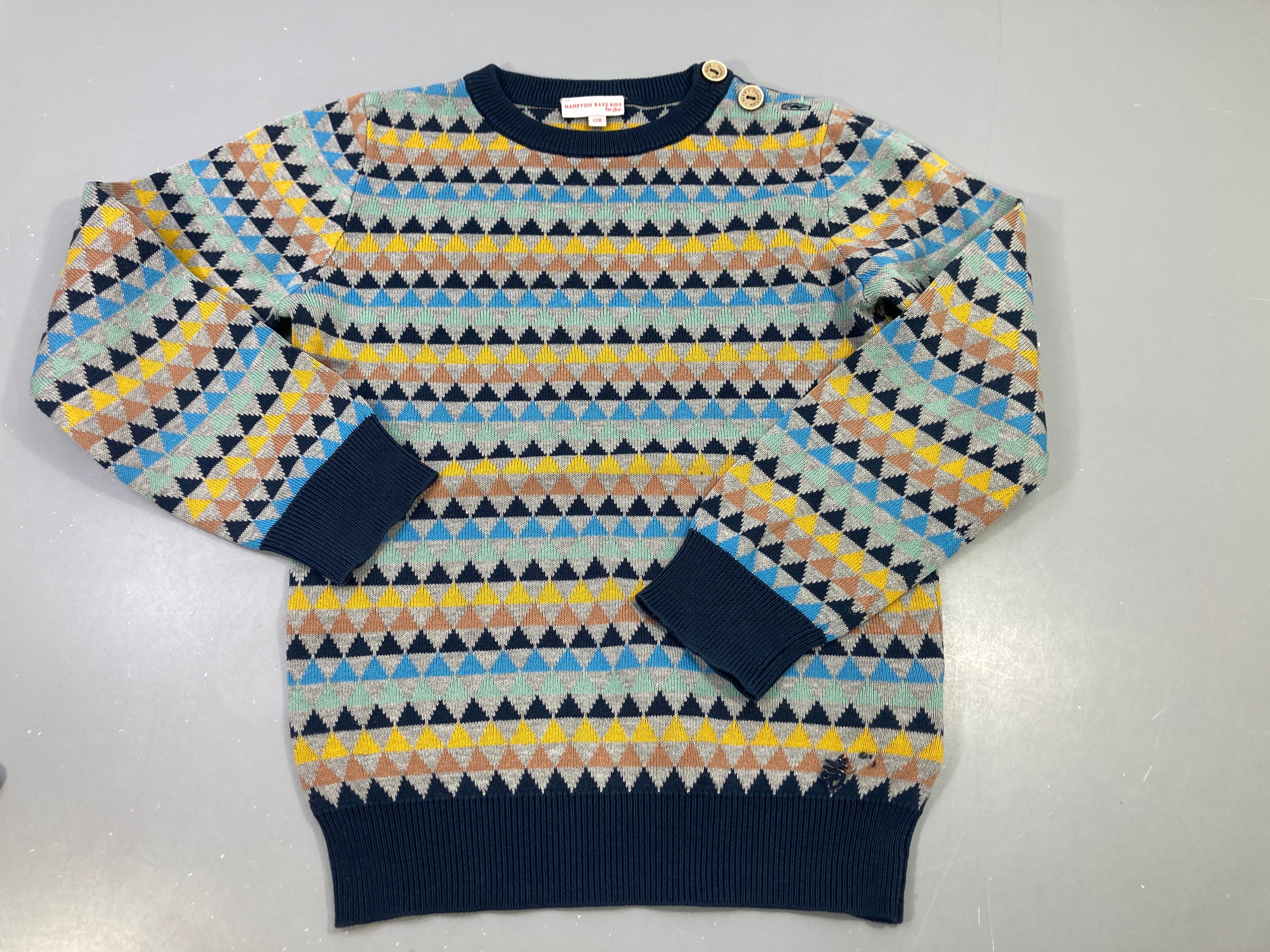 Pull coton losanges multicolore, bouton épaule