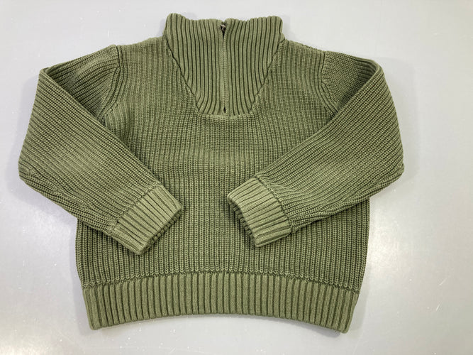 Pull kaki coton col montant zip, moins cher chez Petit Kiwi