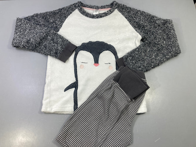 Pyjama haut polar gris foncé et blanc, pinguin , bas jersey rayures gris et blanc, moins cher chez Petit Kiwi