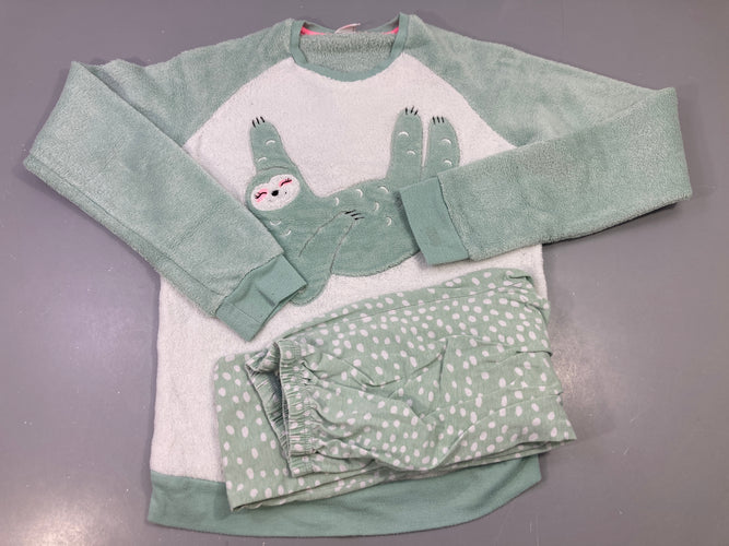 Pyjama haut vert d'eau et blanc haut paresseux, bas jersey vert pois blanc, moins cher chez Petit Kiwi