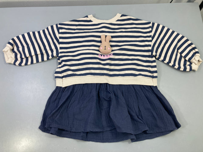 Robe m.l sweatshirt rayé bleu écru, bas coton bleu foncé, moins cher chez Petit Kiwi