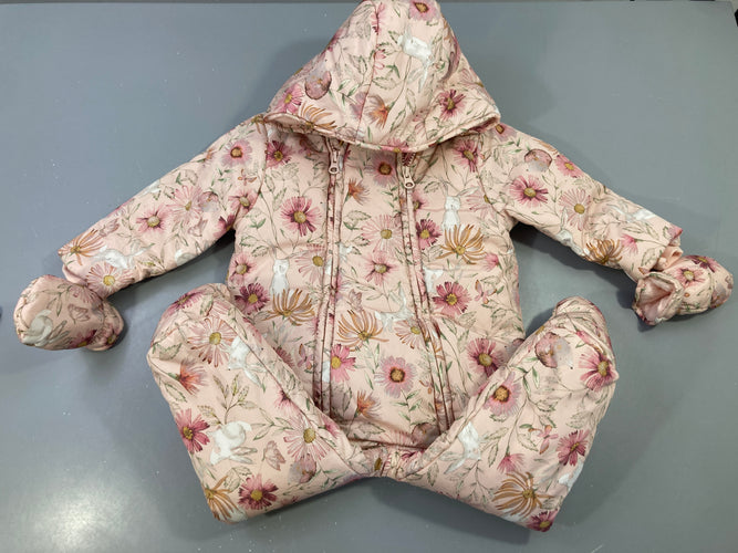 Combi pilote rose à fleurs intérieur velours, moufles, moins cher chez Petit Kiwi
