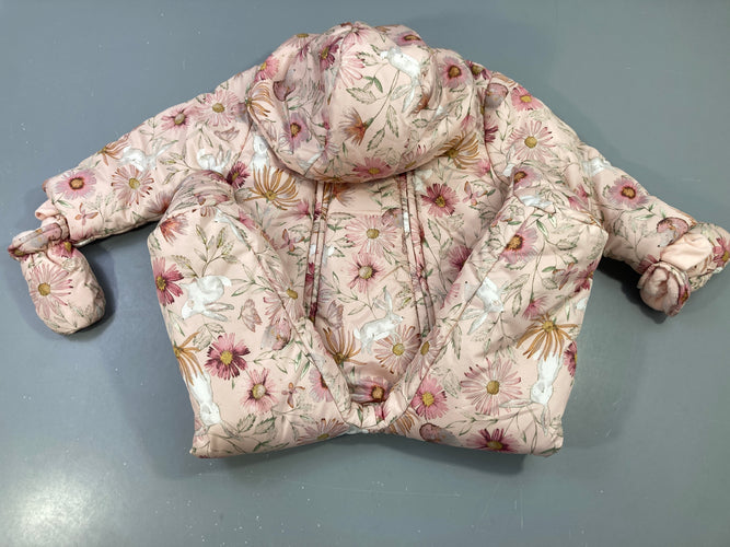 Combi pilote rose à fleurs intérieur velours, moufles, moins cher chez Petit Kiwi