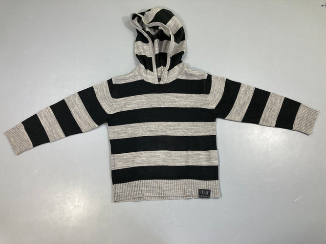 Pull gris rayé noir à capuche, moins cher chez Petit Kiwi
