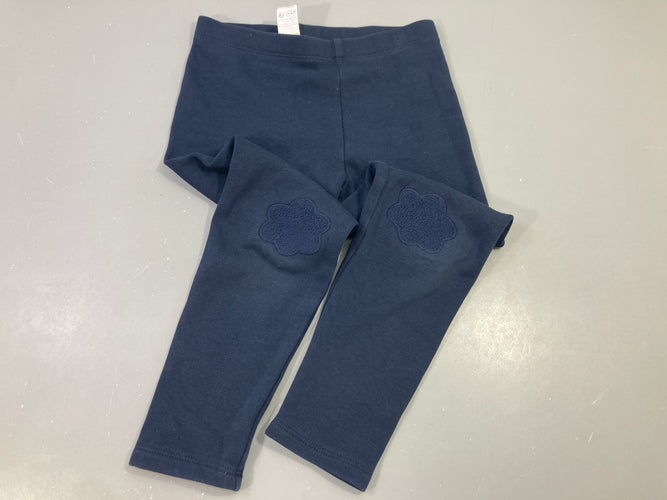 Legging jersey épais bleu foncé, fleur sur les genoux, moins cher chez Petit Kiwi