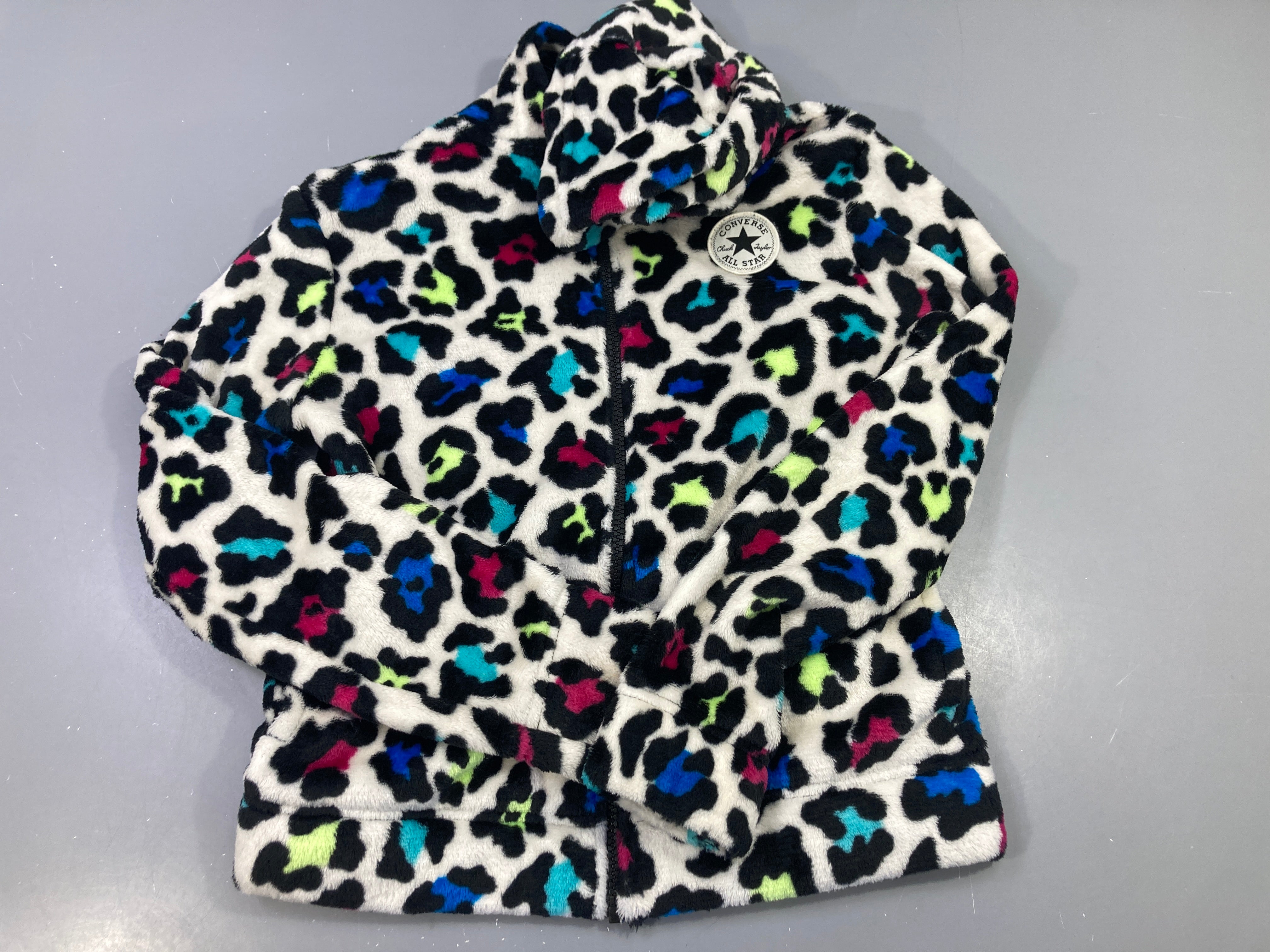 Gilet zippé à capuche en polaire blanc imprimé léopard noir/bleu/rose, CONVERSE