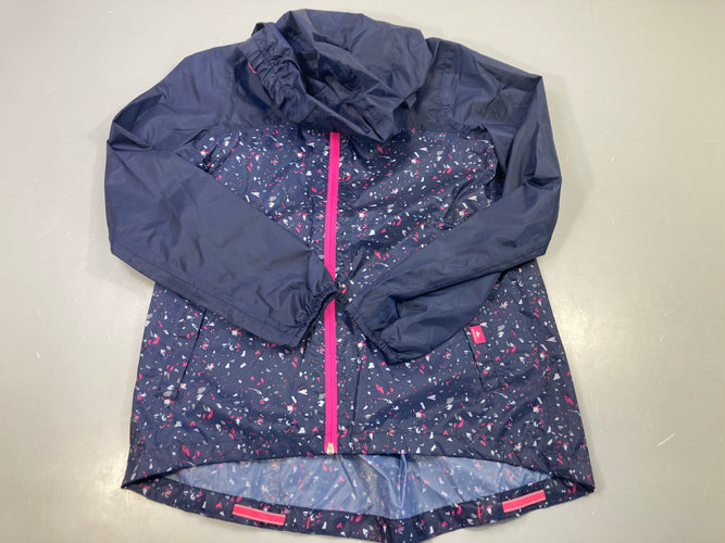 Veste de pluie imperméable zippée à capuche  bleu foncé motifs rose et gris, moins cher chez Petit Kiwi