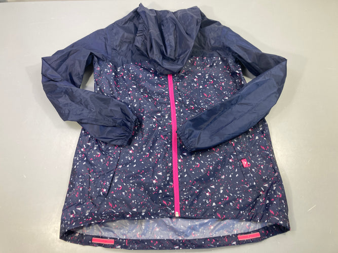 Veste de pluie imperméable zippée à capuche  bleu foncé motifs rose et gris, moins cher chez Petit Kiwi