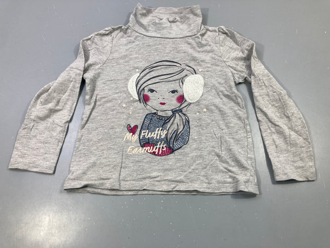 T-shirt m.l gris chiné col roulé fillette cache-oreilles brodé, moins cher chez Petit Kiwi