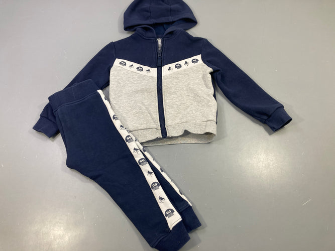 Ensemble sweat zippé capuche + jogging bleu marine gris hiboux, moins cher chez Petit Kiwi