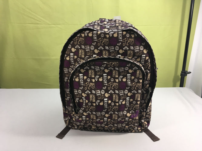 Sac à dos brun-écriture mauve en parfait état, moins cher chez Petit Kiwi