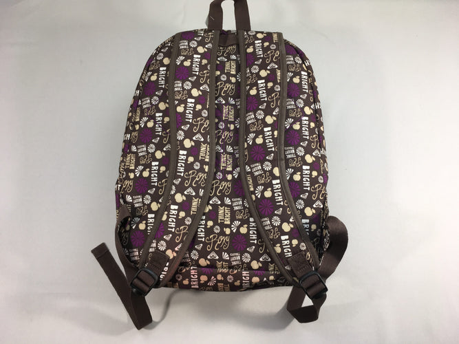 Sac à dos brun-écriture mauve en parfait état, moins cher chez Petit Kiwi